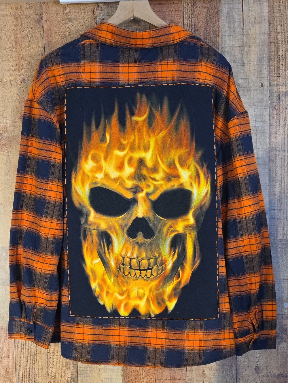 Orange & Blue Plaid Button-Down Shirt with Fiery Skull Back Panel